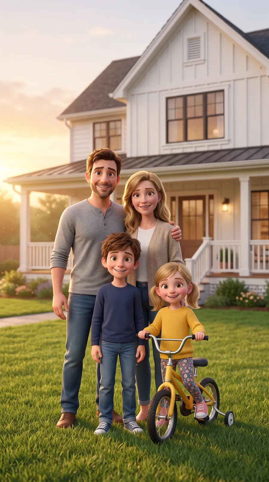 A family together in front of their home