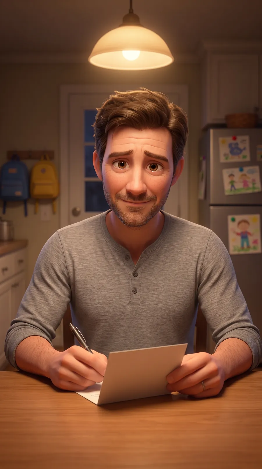 He writes the note at the kitchen table late at night